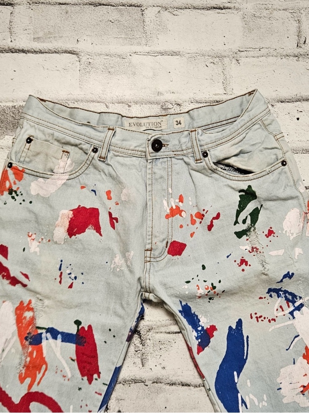 Evolution Paint Splatter Jeans 34x32 Light Wash Artistic Denim Streetwear Pants - Picture 5 of 9